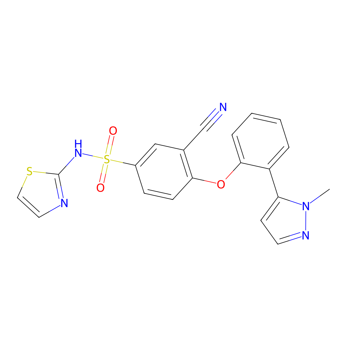 3-cyano-4-(2-(1-methyl-1H-pyrazol-5-yl)phenoxy)-N-(thiazol-2-yl)benzenesulfonamide molecular structure, CAS 1235397-05-3
