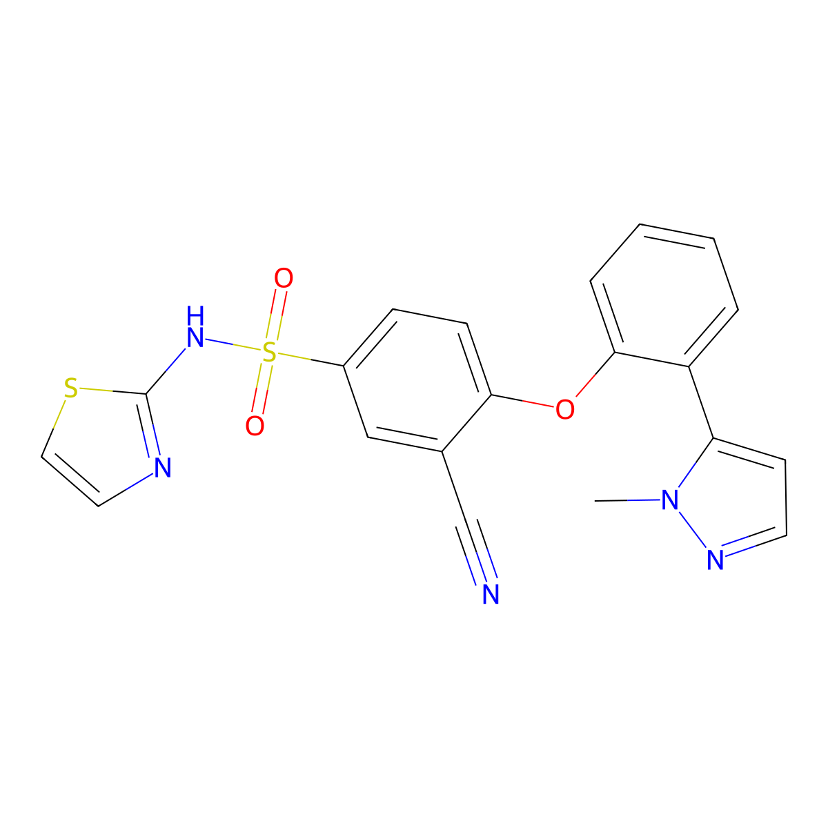 3-cyano-4-(2-(1-methyl-1H-pyrazol-5-yl)phenoxy)-N-(thiazol-2-yl)benzenesulfonamide molecular structure, CAS 1235397-05-3