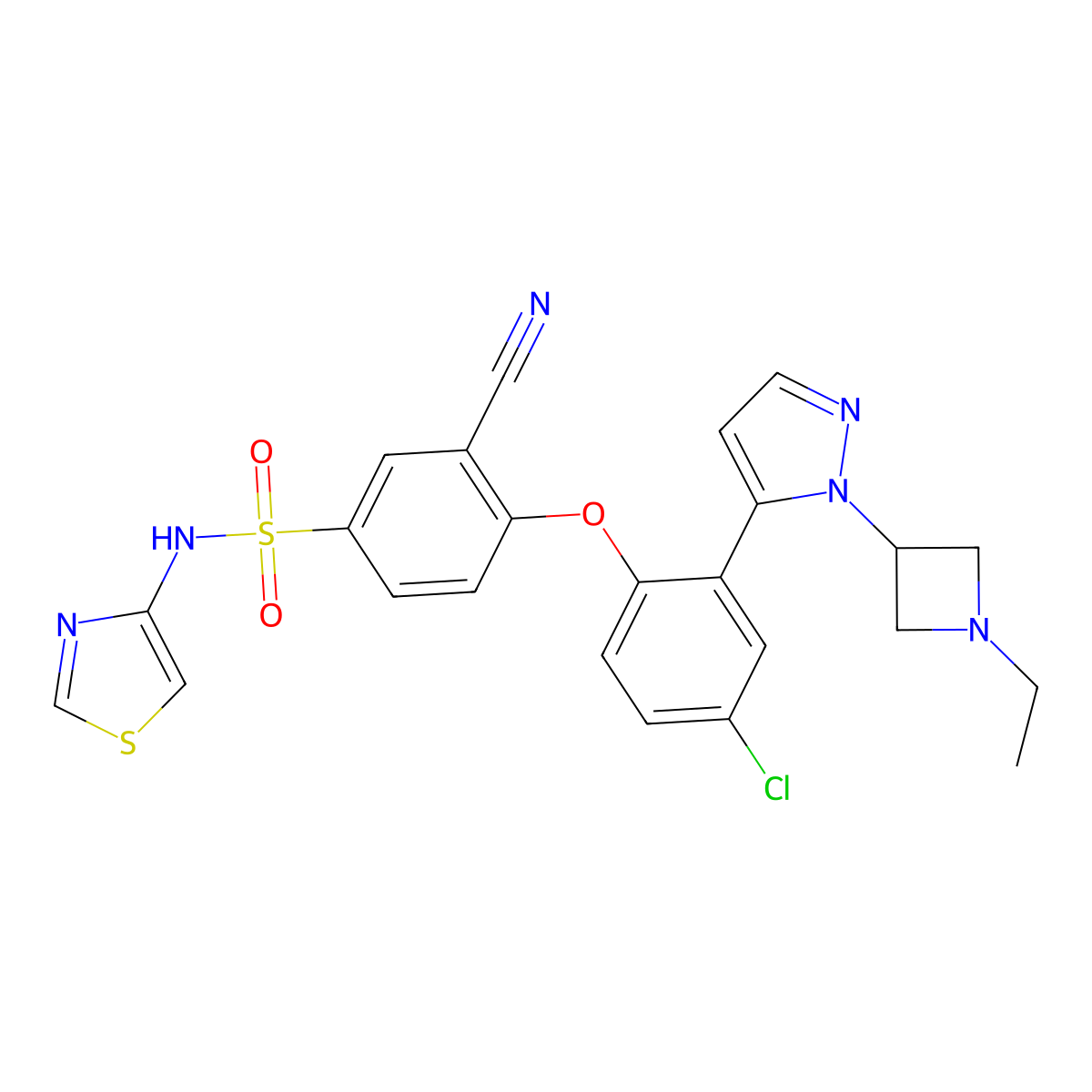 4-(4-chloro-2-(1-(1-ethylazetidin-3-yl)-1H-pyrazol-5-yl)phenoxy)-3-cyano-N-(thiazol-4-yl)benzenesulfonamide molecular structure, CAS 1235406-00-4