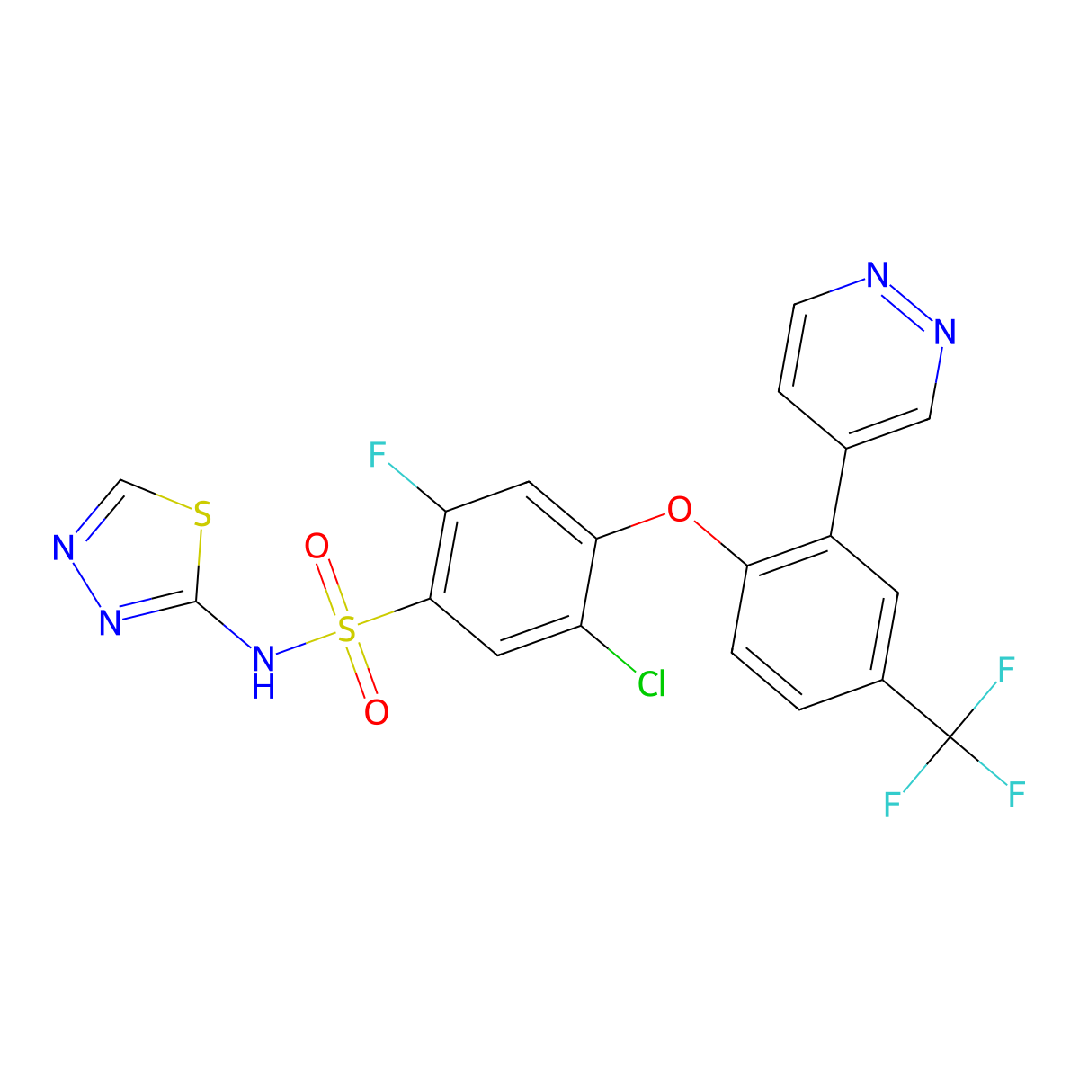 Benzenesulfonamide, 5-chloro-2-fluoro-4-[2-(4-pyridazinyl)-4-(trifluoromethyl)phenoxy]-N-1,3,4-thiadiazol-2-yl- molecular structure, CAS 1235406-03-7