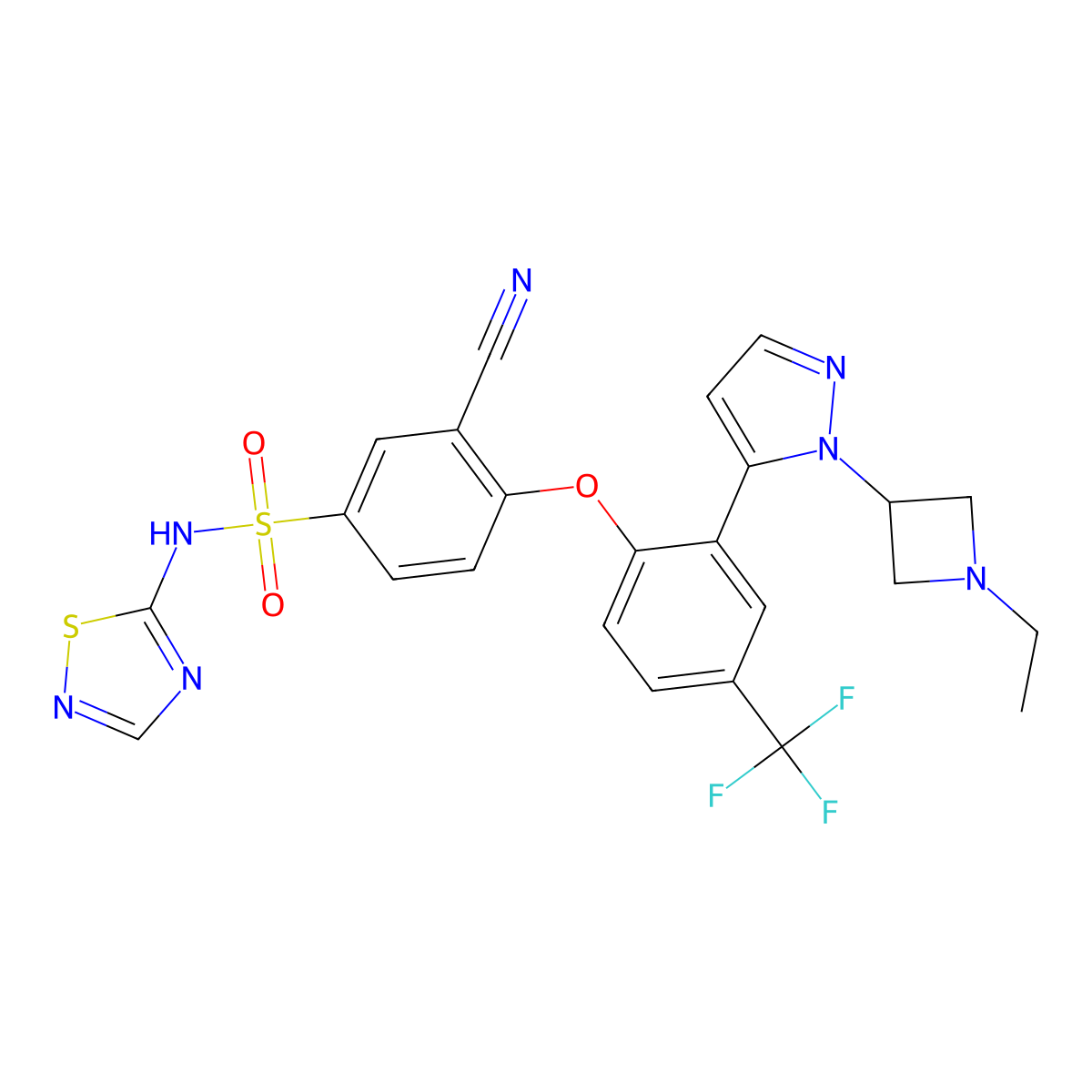 3-Cyano-4-[2-[2-(1-Ethylazetidin-3-Yl)pyrazol-3-Yl]-4-(Trifluoromethyl)phenoxy]-~{n}-(1,2,4-Thiadiazol-5-Yl)benzenesulfonamide molecular structure, CAS 1235406-09-3