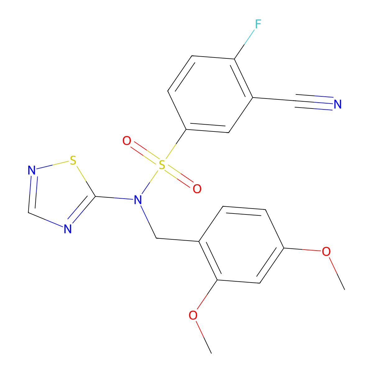 3-cyano-N-(2,4-dimethoxybenzyl)-4-fluoro-N-(1,2,4-thiadiazol-5-yl)benzenesulfonamide molecular structure, CAS 1235406-41-3