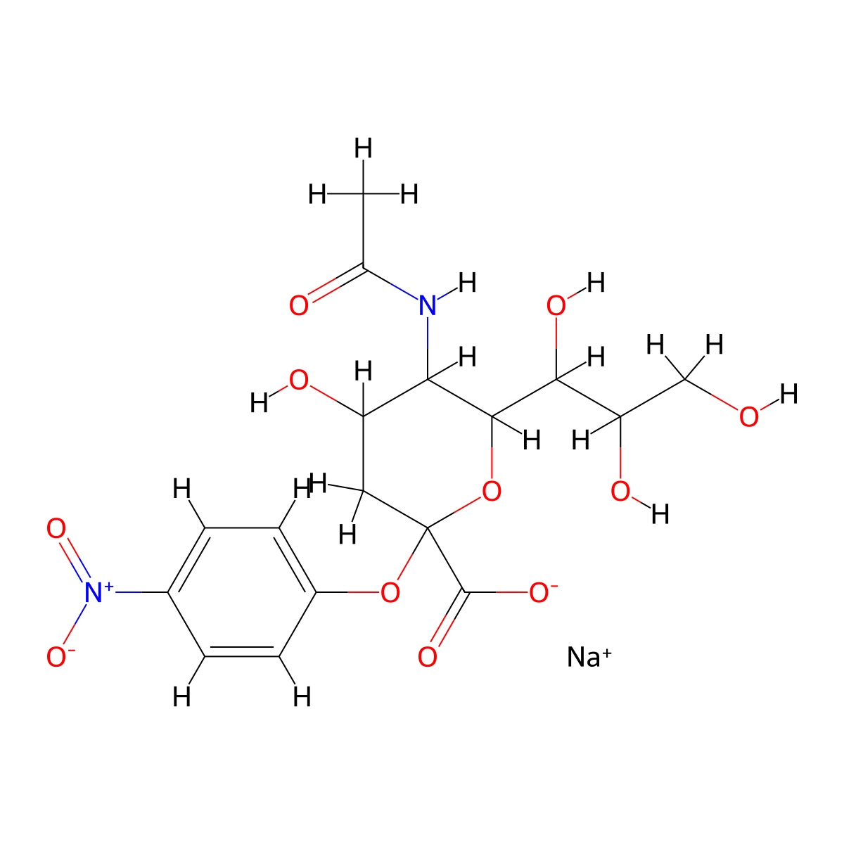 Sodium 5-acetamido-4-hydroxy-2-(4-nitrophenoxy)-6-(1,2,3-trihydroxypropyl)oxane-2-carboxylate molecular structure, CAS 123549-14-4