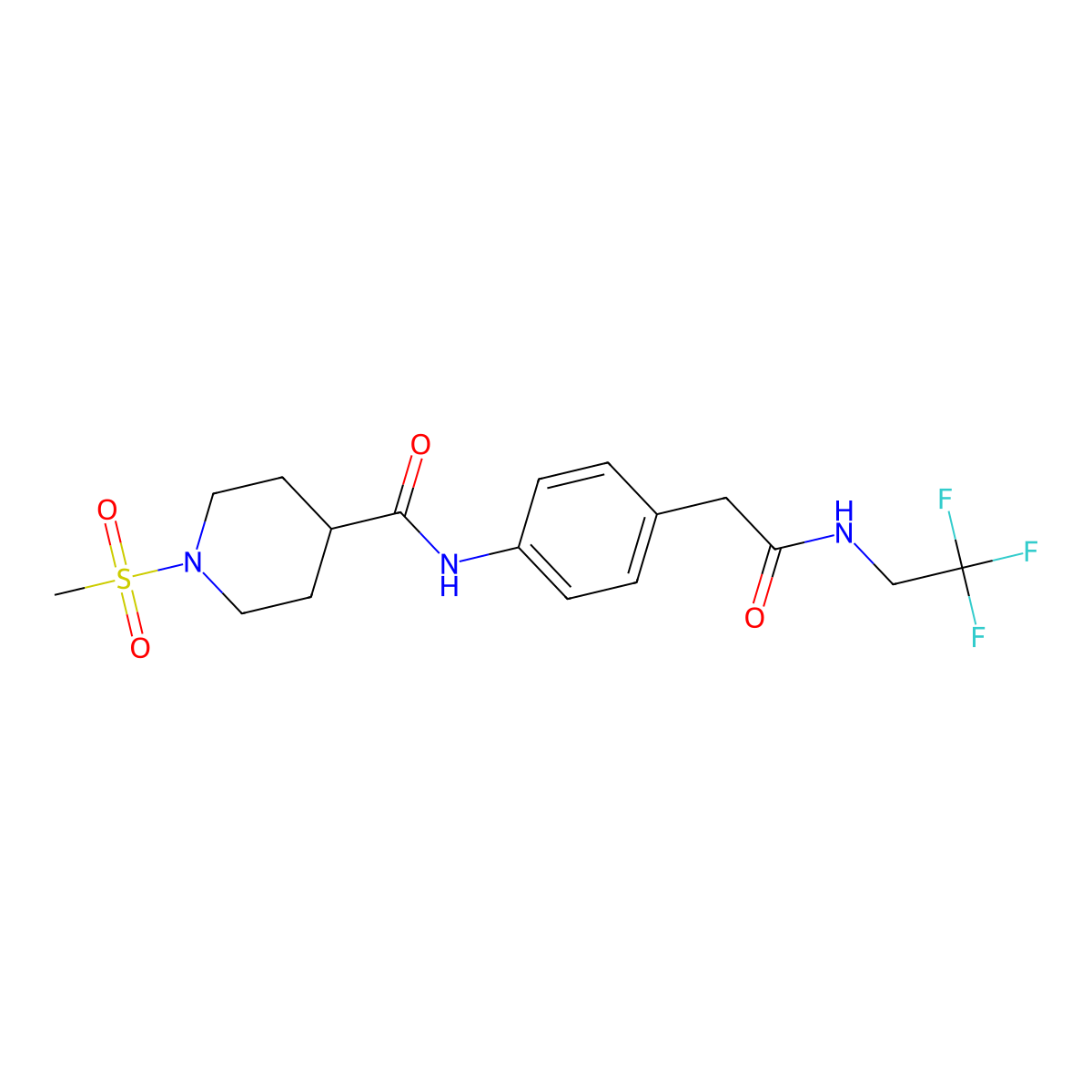 1-(methylsulfonyl)-N-(4-(2-oxo-2-((2,2,2-trifluoroethyl)amino)ethyl)phenyl)piperidine-4-carboxamide molecular structure, CAS 1235615-42-5