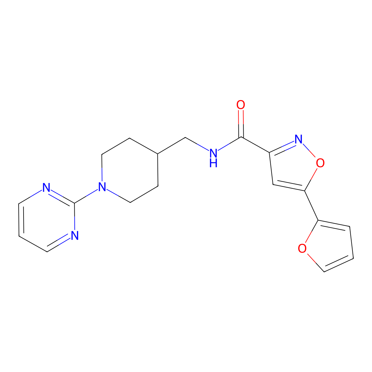 5-(furan-2-yl)-N-((1-(pyrimidin-2-yl)piperidin-4-yl)methyl)isoxazole-3-carboxamide molecular structure, CAS 1235615-71-0