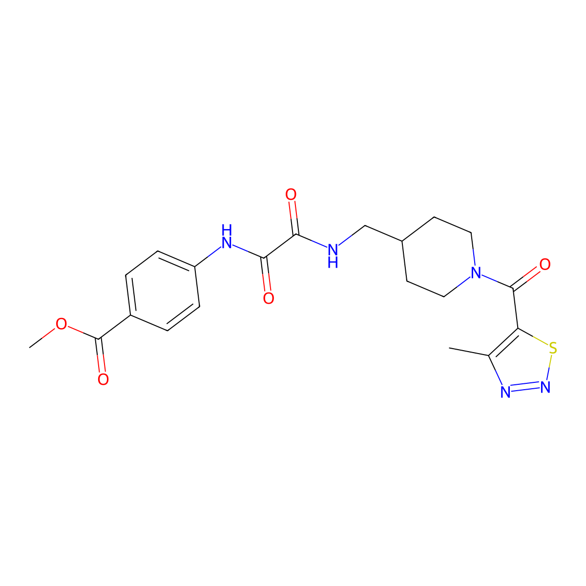 Methyl 4-(2-(((1-(4-methyl-1,2,3-thiadiazole-5-carbonyl)piperidin-4-yl)methyl)amino)-2-oxoacetamido)benzoate molecular structure, CAS 1235618-32-2