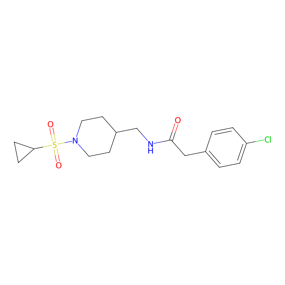 2-(4-chlorophenyl)-N-((1-(cyclopropylsulfonyl)piperidin-4-yl)methyl)acetamide molecular structure, CAS 1235622-06-6