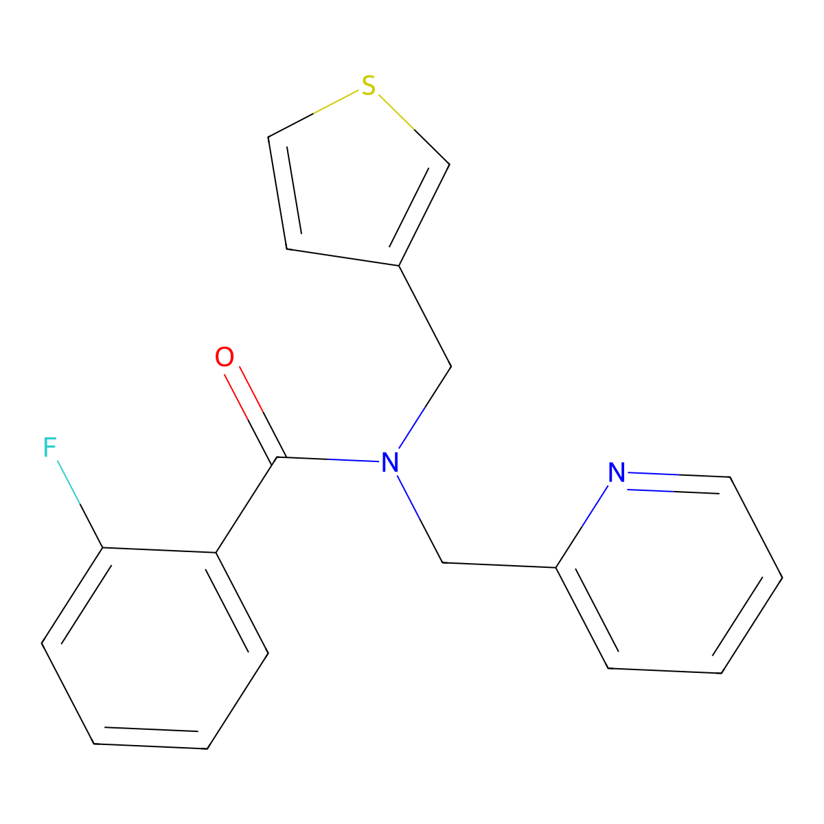 2-fluoro-N-(pyridin-2-ylmethyl)-N-(thiophen-3-ylmethyl)benzamide molecular structure, CAS 1235622-63-5