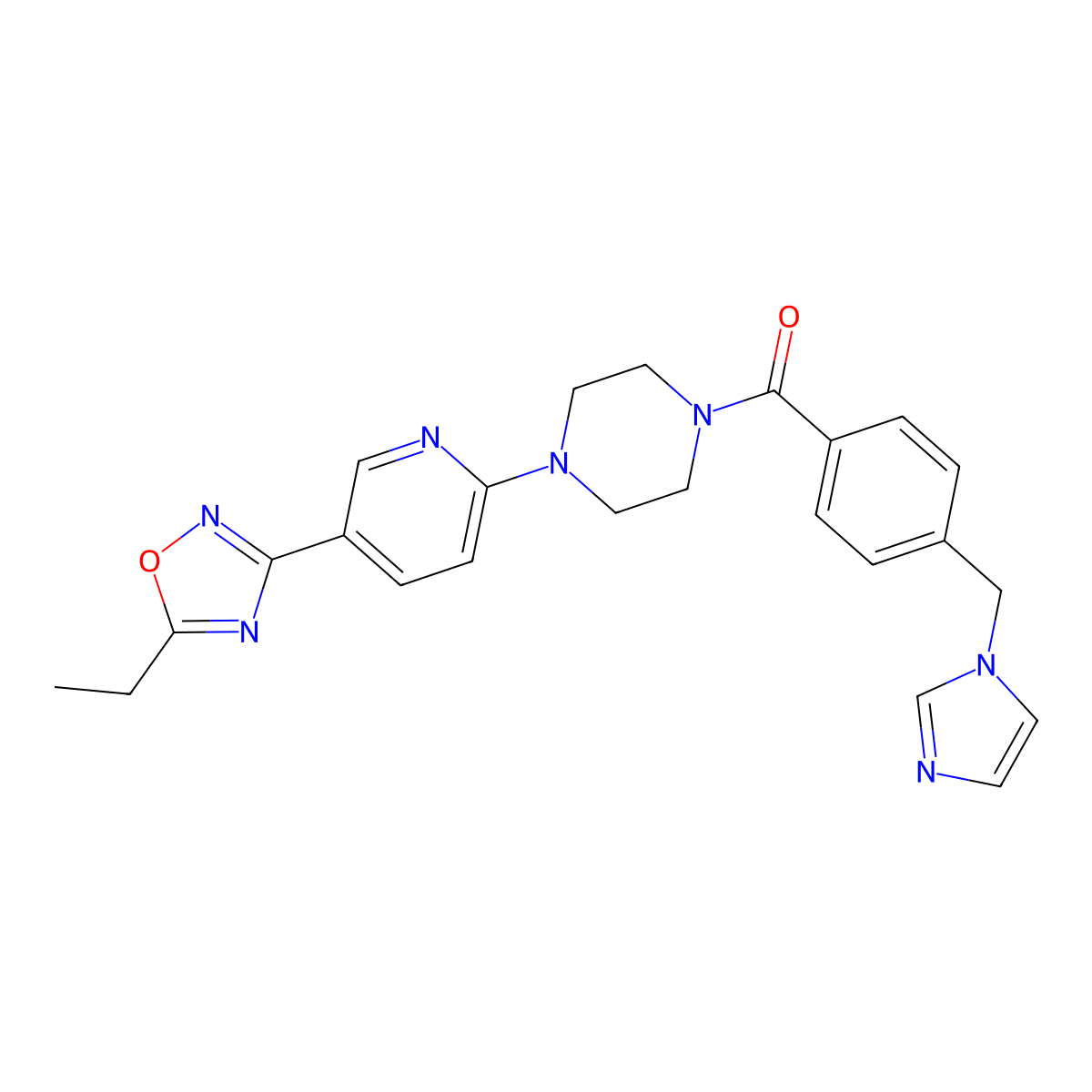 (4-((1H-imidazol-1-yl)methyl)phenyl)(4-(5-(5-ethyl-1,2,4-oxadiazol-3-yl)pyridin-2-yl)piperazin-1-yl)methanone molecular structure, CAS 1235624-13-1