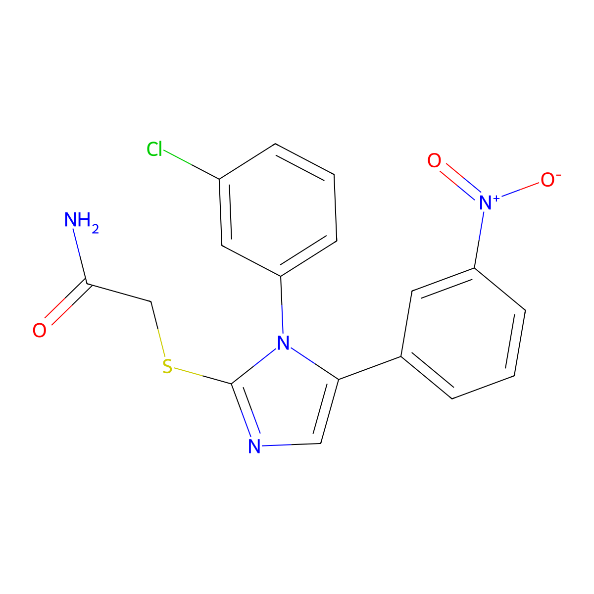 2-((1-(3-chlorophenyl)-5-(3-nitrophenyl)-1H-imidazol-2-yl)thio)acetamide molecular structure, CAS 1235624-60-8
