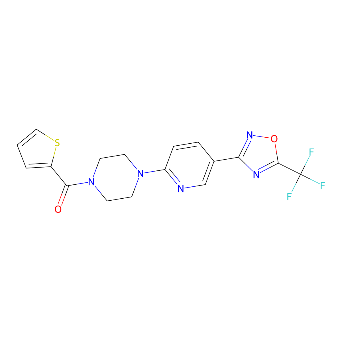 Thiophen-2-yl(4-(5-(5-(trifluoromethyl)-1,2,4-oxadiazol-3-yl)pyridin-2-yl)piperazin-1-yl)methanone molecular structure, CAS 1235624-98-2