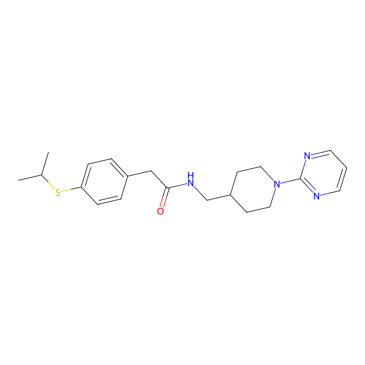 2-(4-(isopropylthio)phenyl)-N-((1-(pyrimidin-2-yl)piperidin-4-yl)methyl)acetamide molecular structure, CAS 1235625-56-5