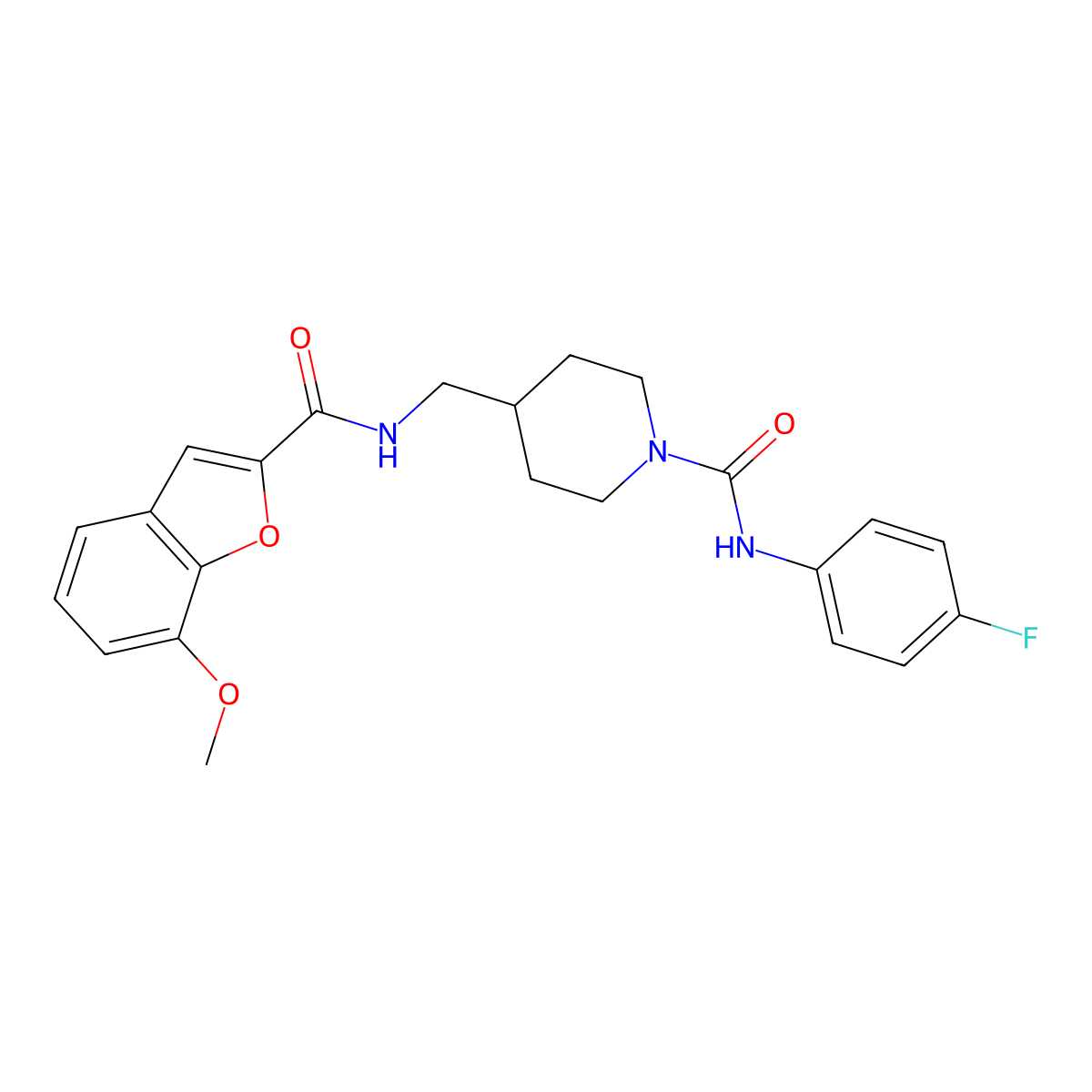 N-(4-fluorophenyl)-4-((7-methoxybenzofuran-2-carboxamido)methyl)piperidine-1-carboxamide molecular structure, CAS 1235625-57-6