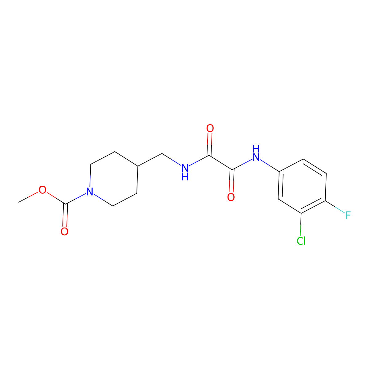 Methyl 4-((2-((3-chloro-4-fluorophenyl)amino)-2-oxoacetamido)methyl)piperidine-1-carboxylate molecular structure, CAS 1235629-10-3