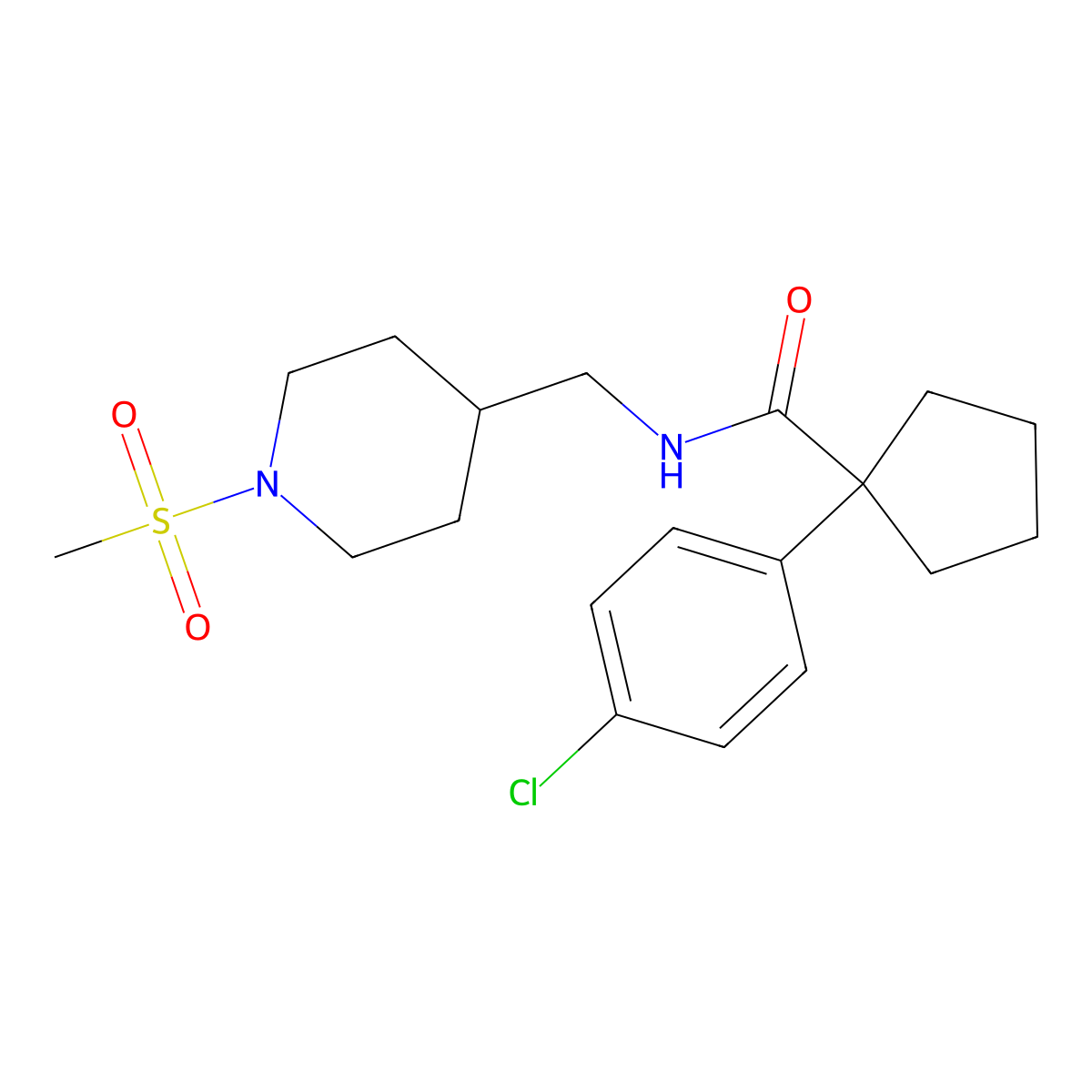 1-(4-chlorophenyl)-N-((1-(methylsulfonyl)piperidin-4-yl)methyl)cyclopentanecarboxamide molecular structure, CAS 1235630-44-0