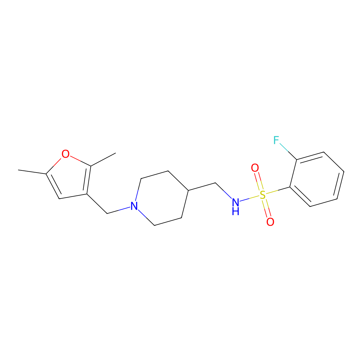 N-((1-((2,5-dimethylfuran-3-yl)methyl)piperidin-4-yl)methyl)-2-fluorobenzenesulfonamide molecular structure, CAS 1235630-63-3