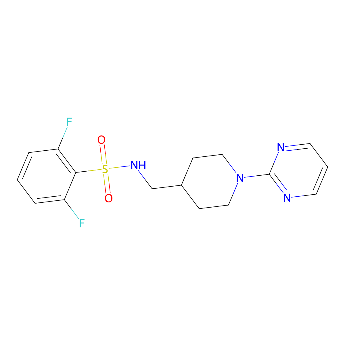 2,6-difluoro-N-((1-(pyrimidin-2-yl)piperidin-4-yl)methyl)benzenesulfonamide molecular structure, CAS 1235631-08-9