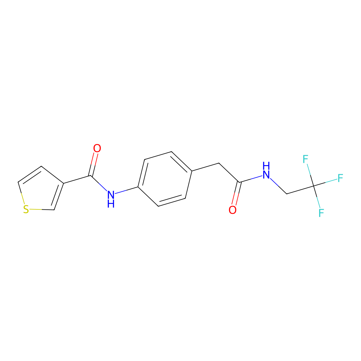N-(4-(2-oxo-2-((2,2,2-trifluoroethyl)amino)ethyl)phenyl)thiophene-3-carboxamide molecular structure, CAS 1235632-87-7