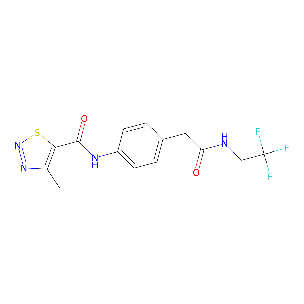 4-methyl-N-(4-(2-oxo-2-((2,2,2-trifluoroethyl)amino)ethyl)phenyl)-1,2,3-thiadiazole-5-carboxamide molecular structure, CAS 1235635-10-5
