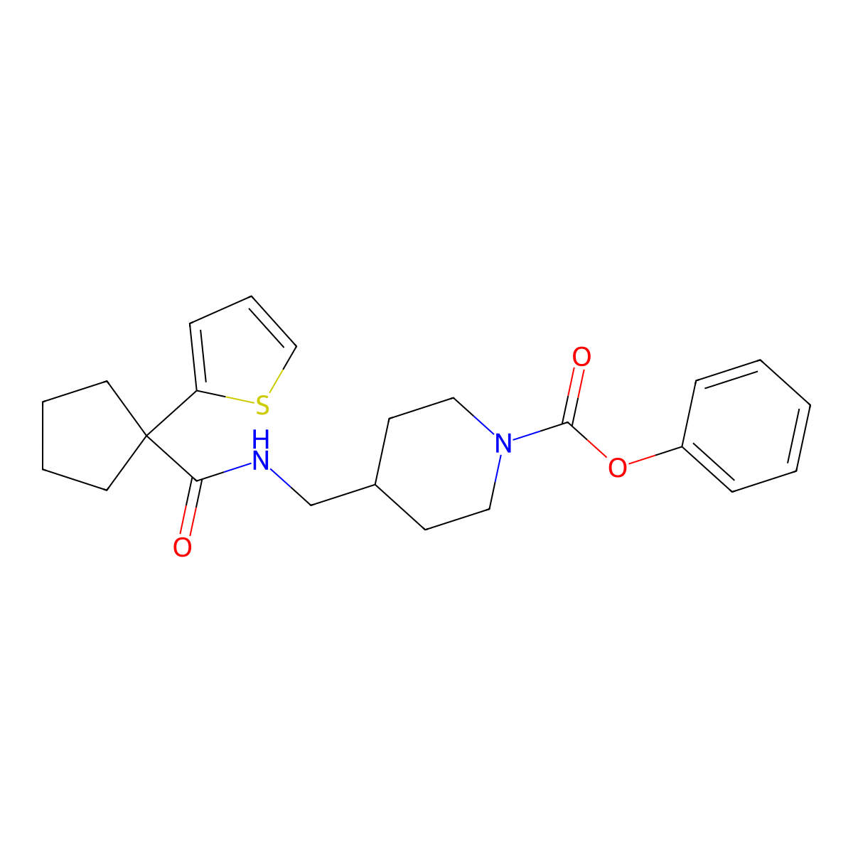 Phenyl 4-((1-(thiophen-2-yl)cyclopentanecarboxamido)methyl)piperidine-1-carboxylate molecular structure, CAS 1235636-32-4