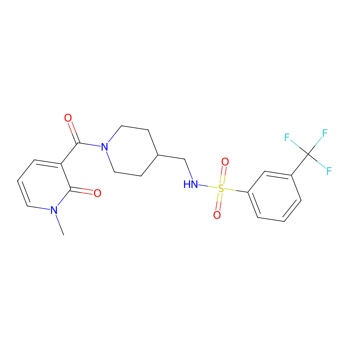 N-((1-(1-methyl-2-oxo-1,2-dihydropyridine-3-carbonyl)piperidin-4-yl)methyl)-3-(trifluoromethyl)benzenesulfonamide molecular structure, CAS 1235636-71-1