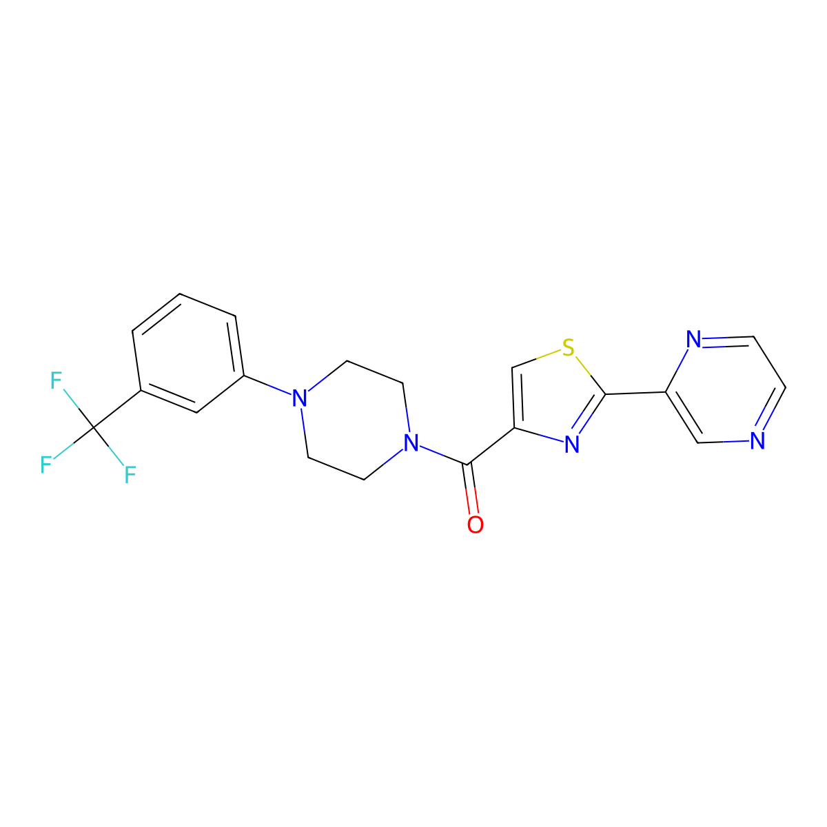 (2-(Pyrazin-2-yl)thiazol-4-yl)(4-(3-(trifluoromethyl)phenyl)piperazin-1-yl)methanone molecular structure, CAS 1235637-34-9