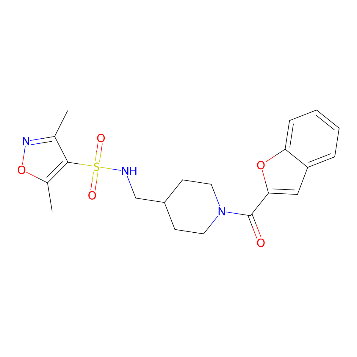 N-((1-(benzofuran-2-carbonyl)piperidin-4-yl)methyl)-3,5-dimethylisoxazole-4-sulfonamide molecular structure, CAS 1235637-89-4