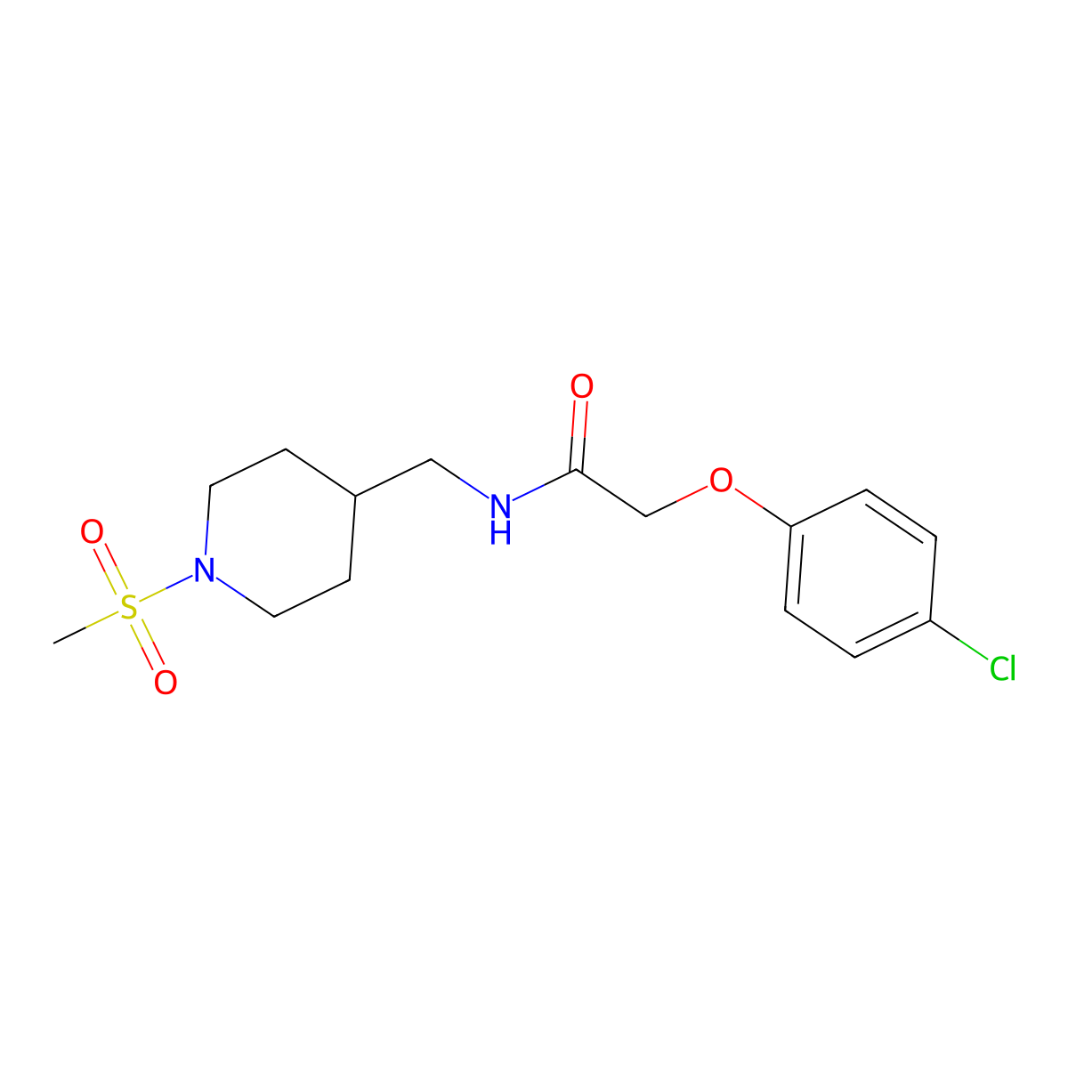 2-(4-chlorophenoxy)-N-((1-(methylsulfonyl)piperidin-4-yl)methyl)acetamide molecular structure, CAS 1235638-87-5