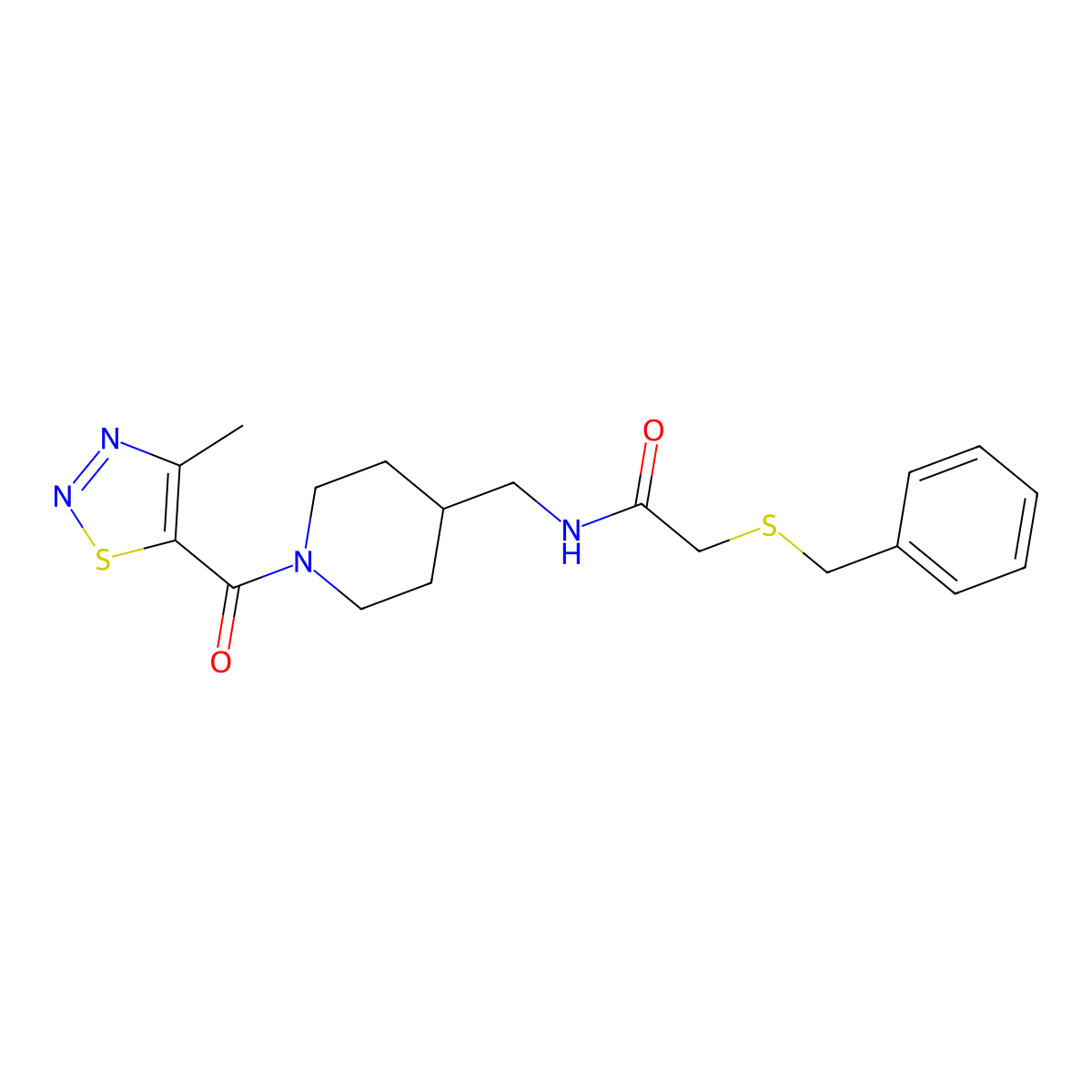 2-(benzylthio)-N-((1-(4-methyl-1,2,3-thiadiazole-5-carbonyl)piperidin-4-yl)methyl)acetamide molecular structure, CAS 1235639-27-6
