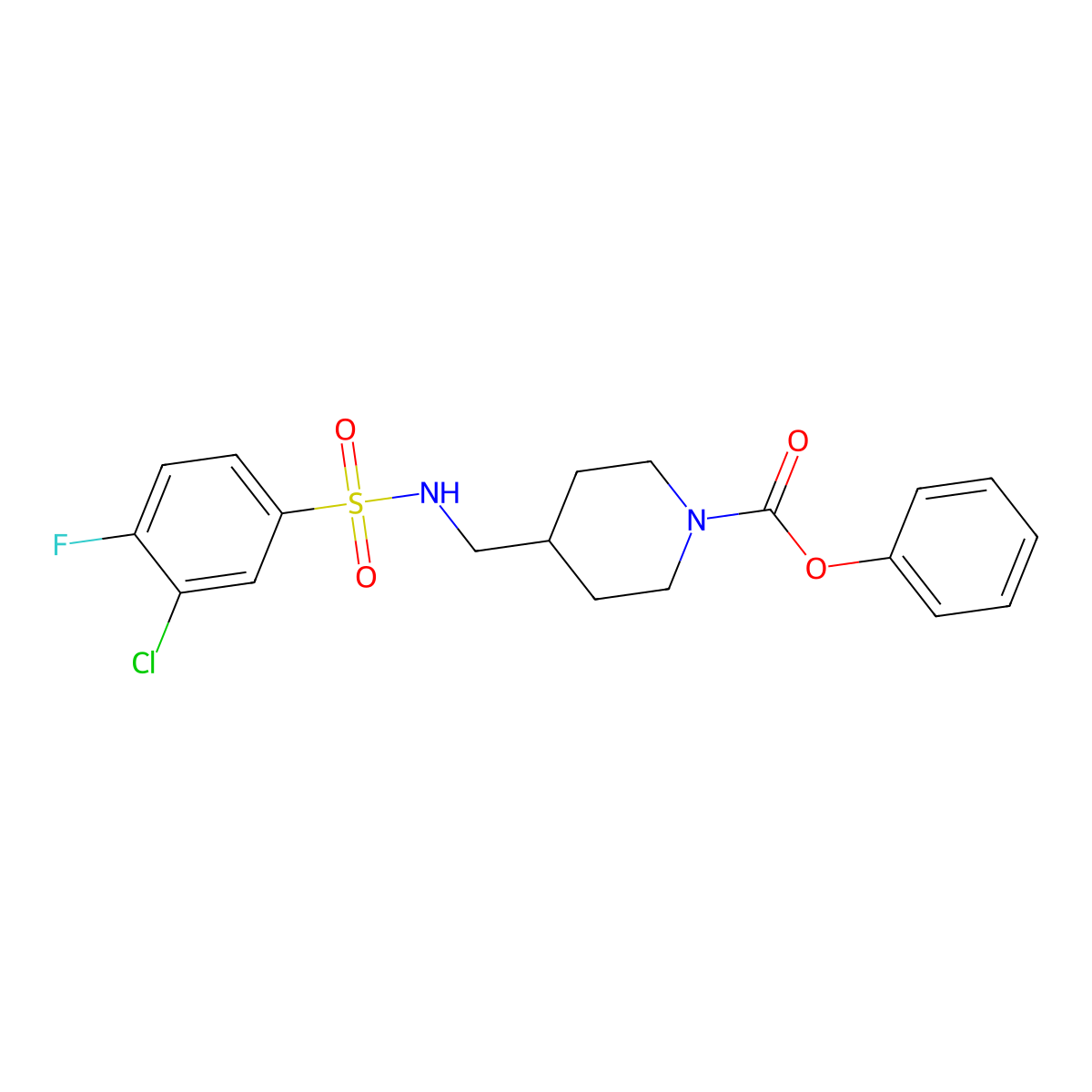 Phenyl 4-[(3-chloro-4-fluorobenzenesulfonamido)methyl]piperidine-1-carboxylate molecular structure, CAS 1235639-38-9