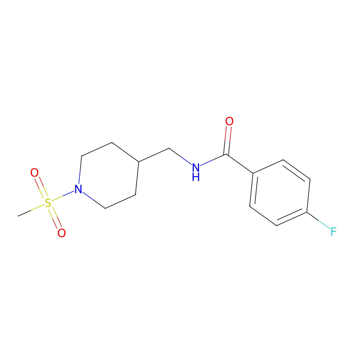 4-fluoro-N-((1-(methylsulfonyl)piperidin-4-yl)methyl)benzamide molecular structure, CAS 1235640-68-2