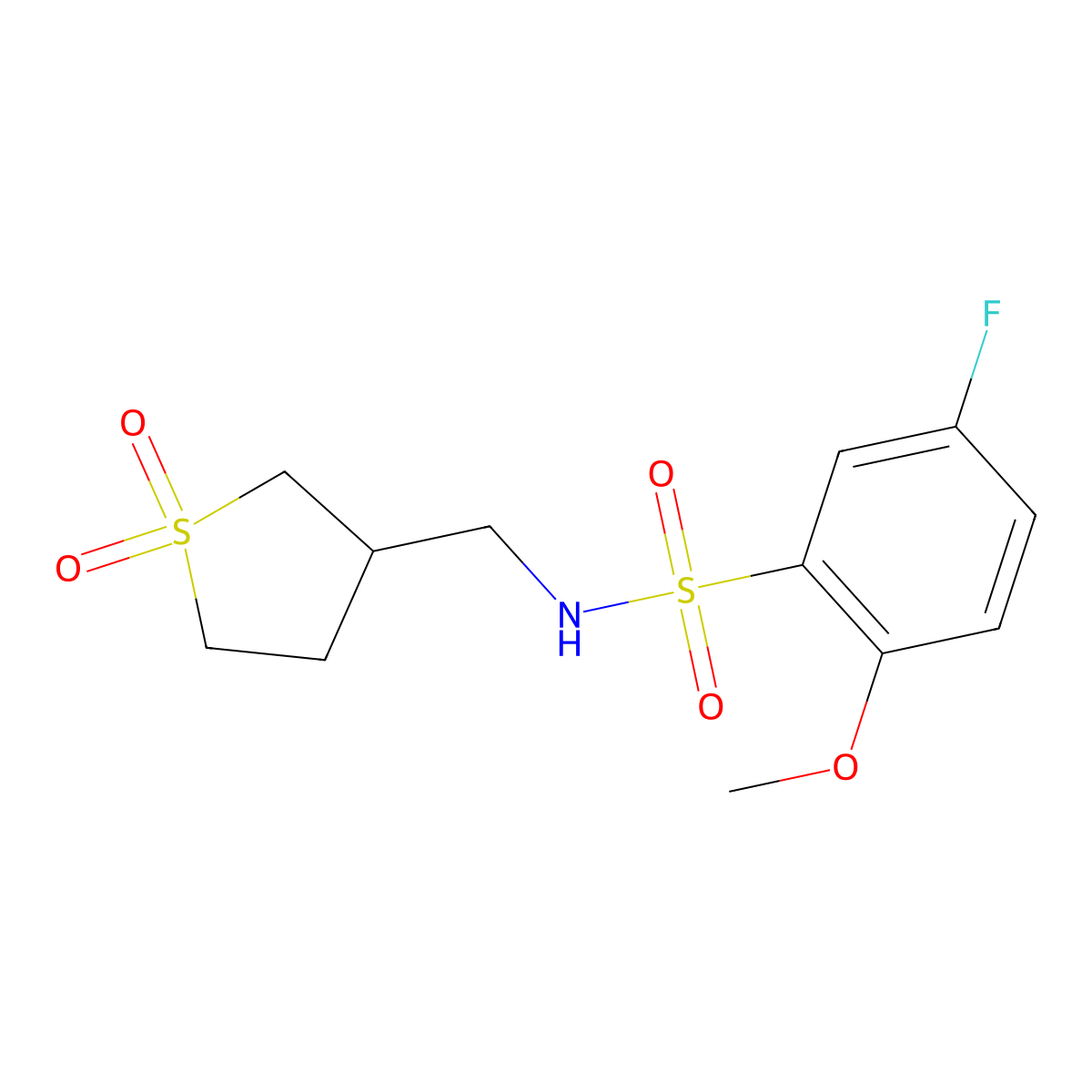 N-((1,1-dioxidotetrahydrothiophen-3-yl)methyl)-5-fluoro-2-methoxybenzenesulfonamide molecular structure, CAS 1235642-36-0