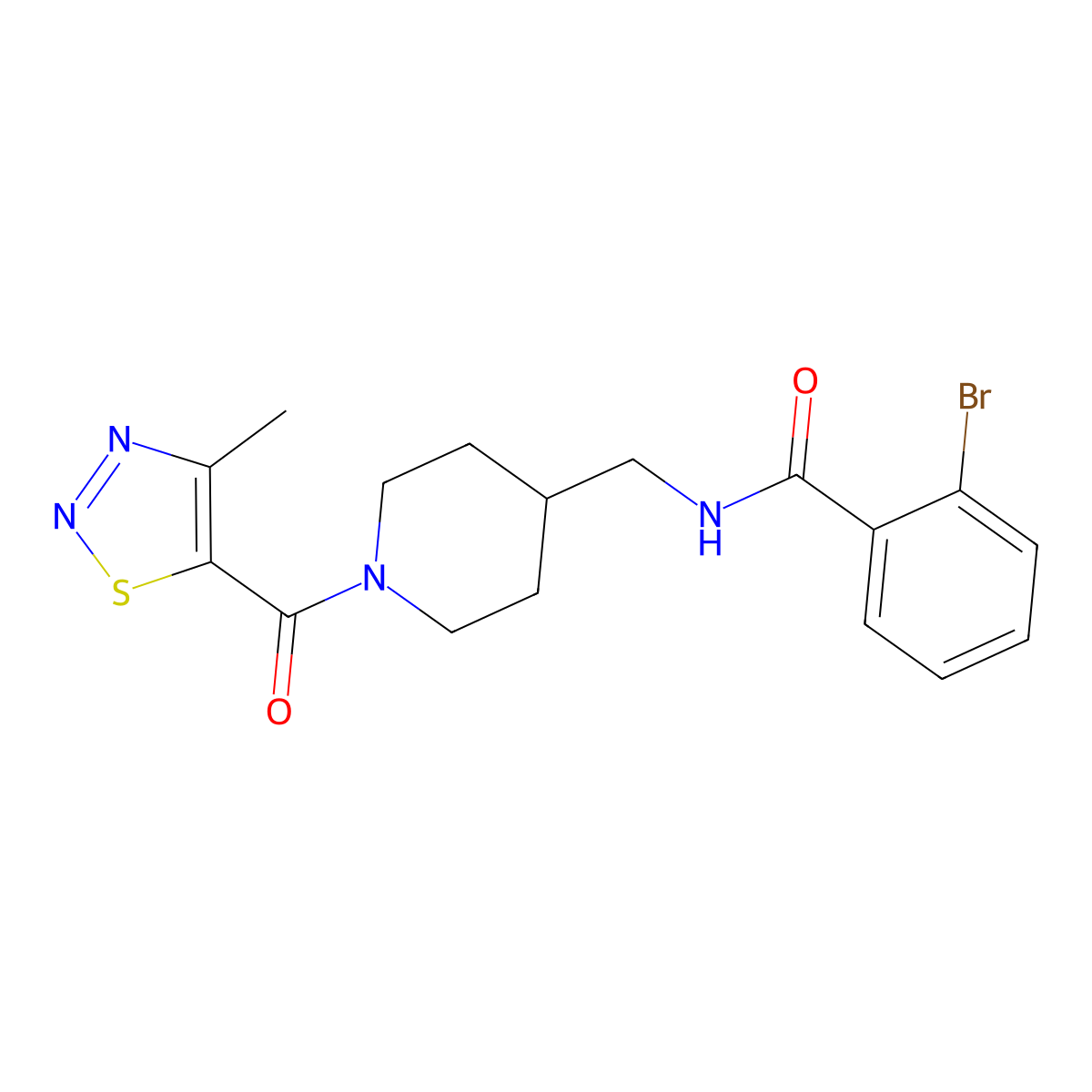 2-bromo-N-{[1-(4-methyl-1,2,3-thiadiazole-5-carbonyl)piperidin-4-yl]methyl}benzamide molecular structure, CAS 1235643-22-7