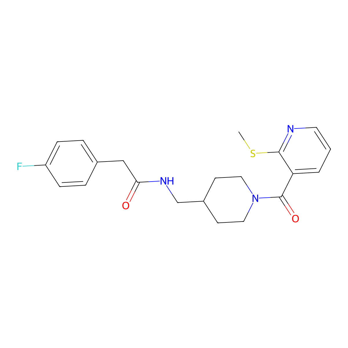 2-(4-fluorophenyl)-N-((1-(2-(methylthio)nicotinoyl)piperidin-4-yl)methyl)acetamide molecular structure, CAS 1235643-50-1