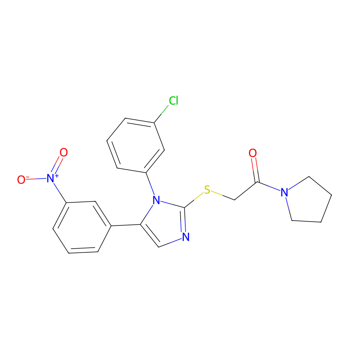 2-((1-(3-chlorophenyl)-5-(3-nitrophenyl)-1H-imidazol-2-yl)thio)-1-(pyrrolidin-1-yl)ethanone molecular structure, CAS 1235647-63-8