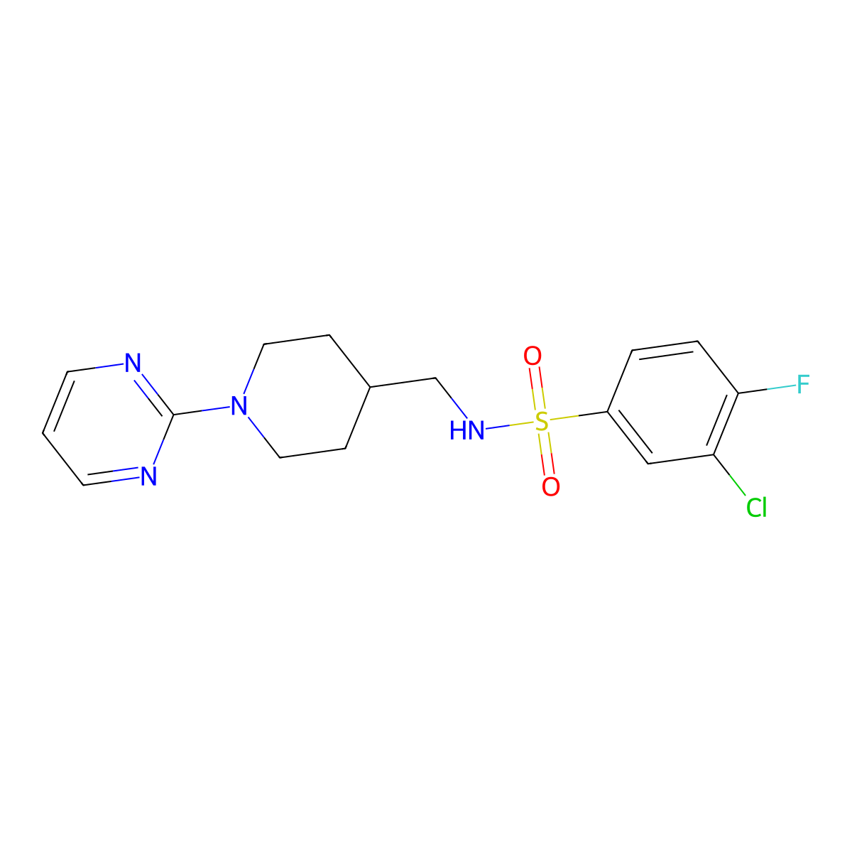 3-chloro-4-fluoro-N-((1-(pyrimidin-2-yl)piperidin-4-yl)methyl)benzenesulfonamide molecular structure, CAS 1235647-89-8