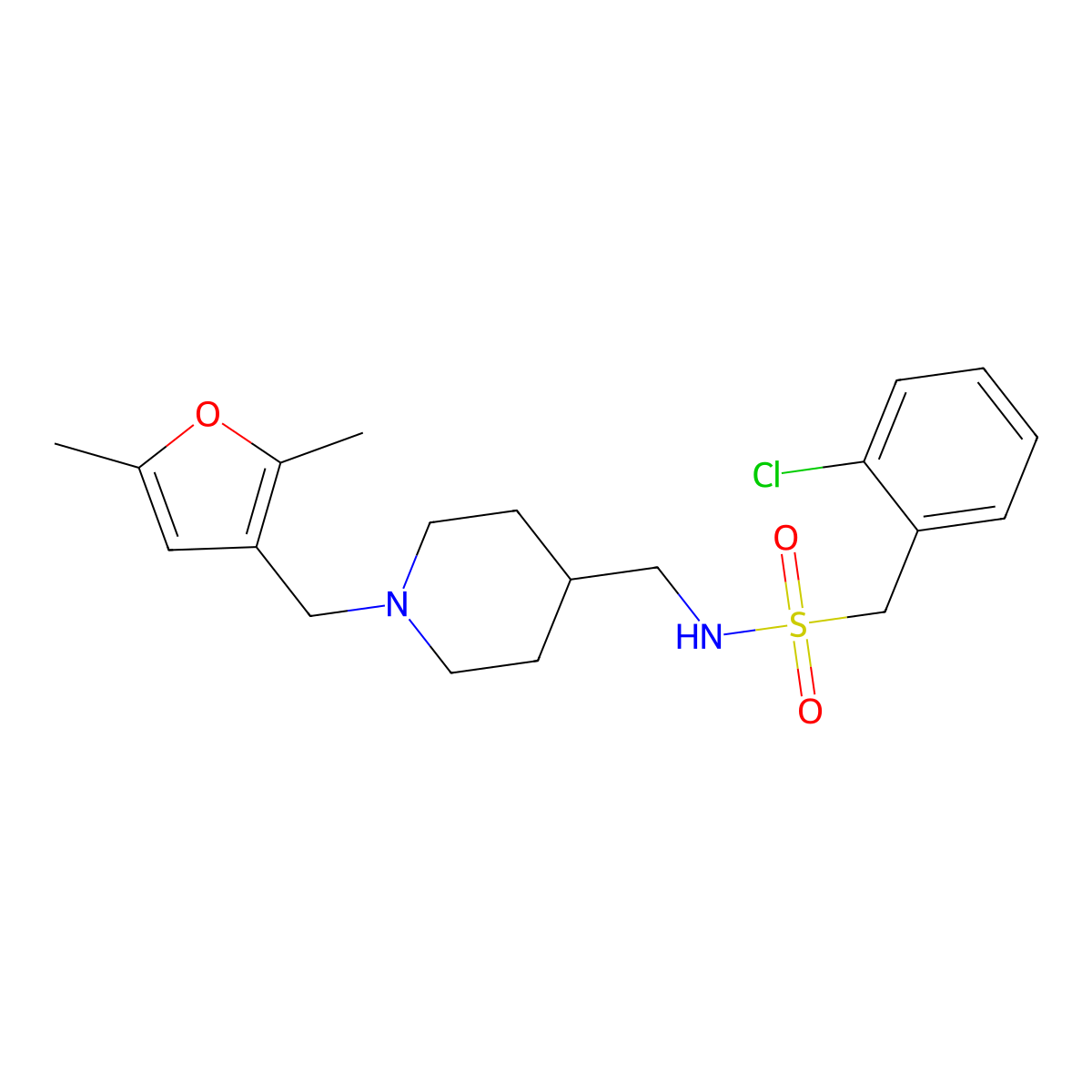 1-(2-chlorophenyl)-N-((1-((2,5-dimethylfuran-3-yl)methyl)piperidin-4-yl)methyl)methanesulfonamide molecular structure, CAS 1235651-09-8