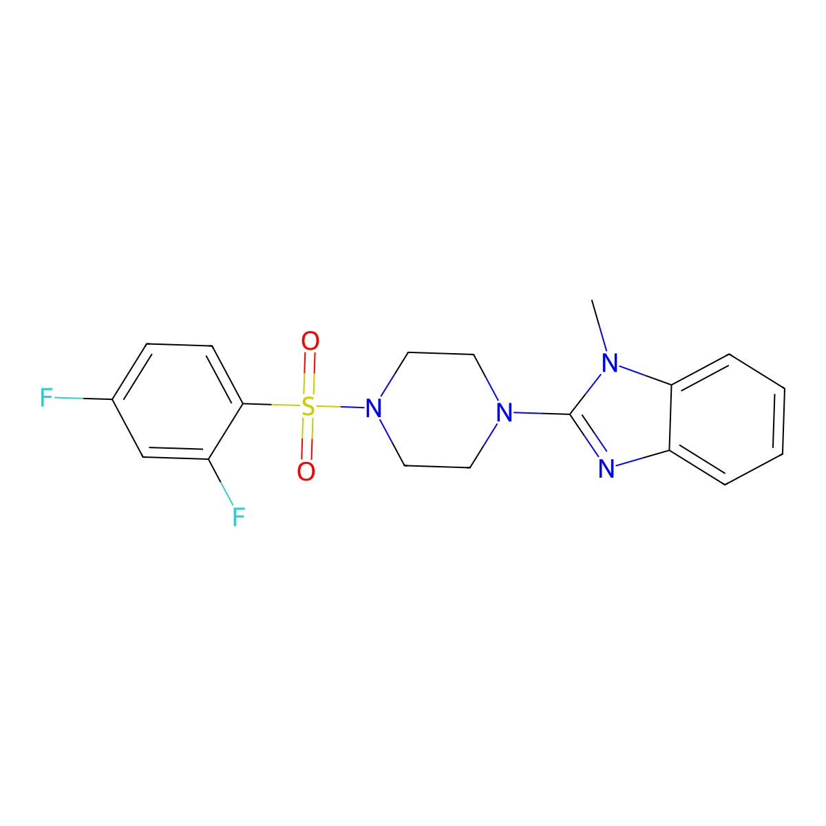 2-(4-((2,4-difluorophenyl)sulfonyl)piperazin-1-yl)-1-methyl-1H-benzo[d]imidazole molecular structure, CAS 1235652-44-4