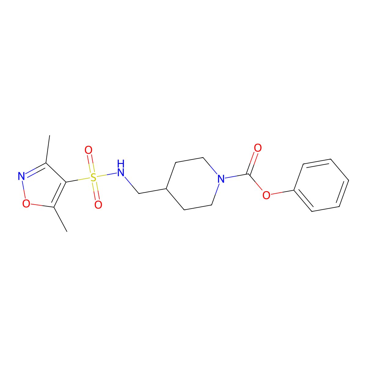 Phenyl 4-((3,5-dimethylisoxazole-4-sulfonamido)methyl)piperidine-1-carboxylate molecular structure, CAS 1235653-46-9