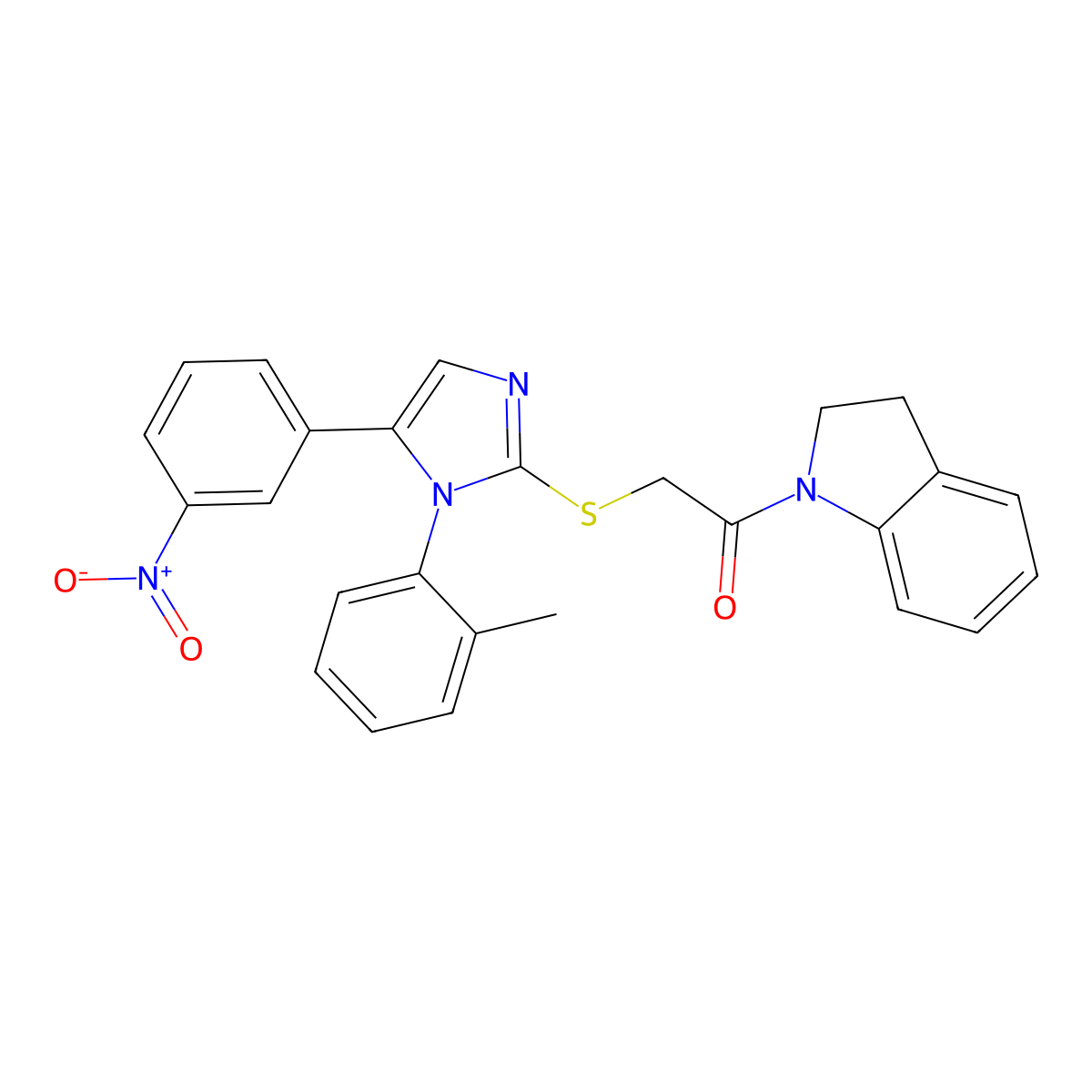 1-(indolin-1-yl)-2-((5-(3-nitrophenyl)-1-(o-tolyl)-1H-imidazol-2-yl)thio)ethanone molecular structure, CAS 1235655-14-7