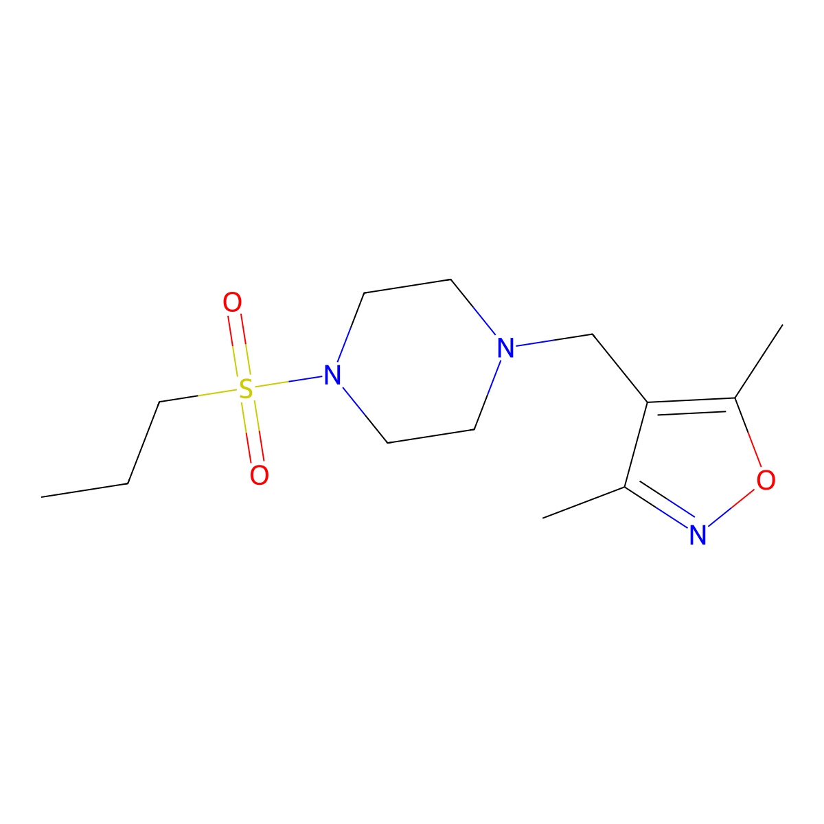 3,5-Dimethyl-4-((4-(propylsulfonyl)piperazin-1-yl)methyl)isoxazole molecular structure, CAS 1235655-49-8