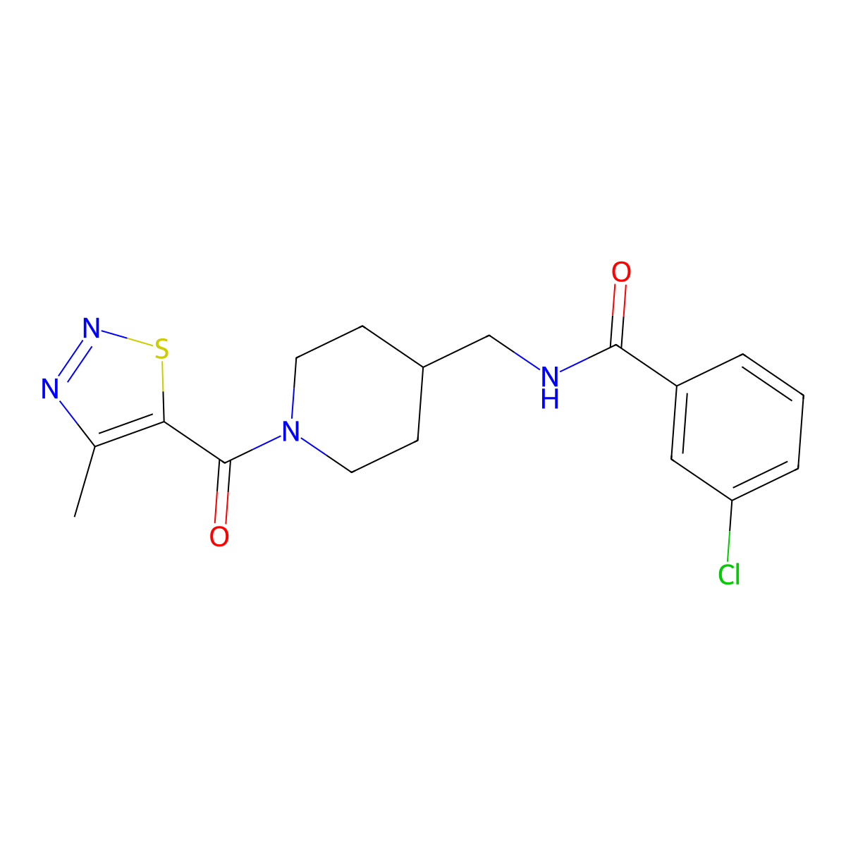3-chloro-N-((1-(4-methyl-1,2,3-thiadiazole-5-carbonyl)piperidin-4-yl)methyl)benzamide molecular structure, CAS 1235658-09-9