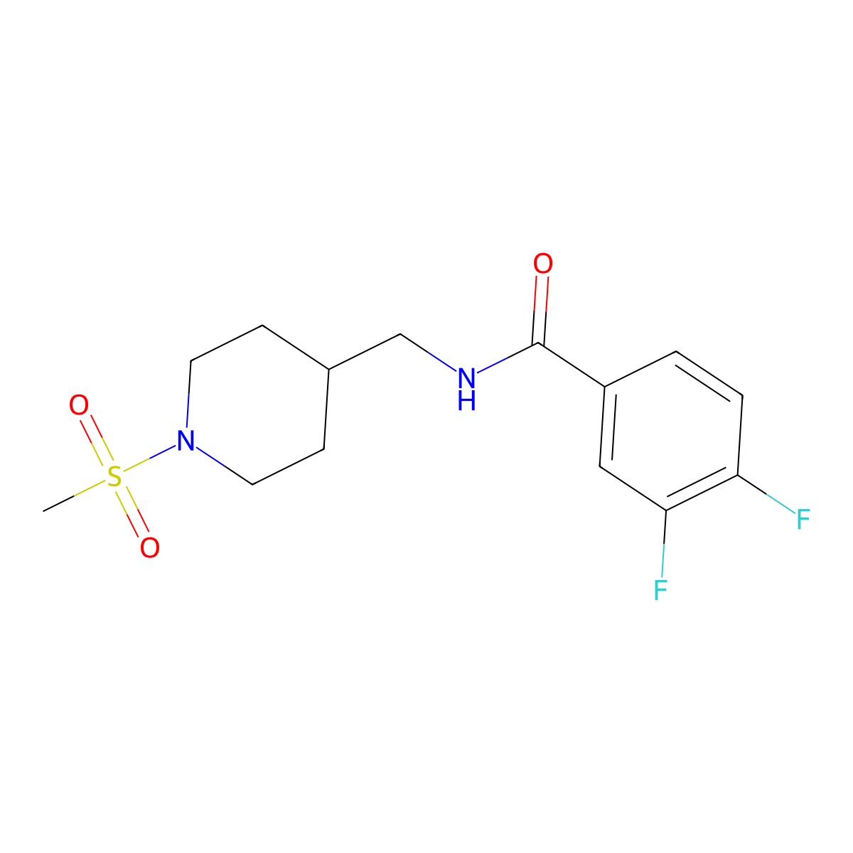 3,4-difluoro-N-((1-(methylsulfonyl)piperidin-4-yl)methyl)benzamide molecular structure, CAS 1235659-01-4