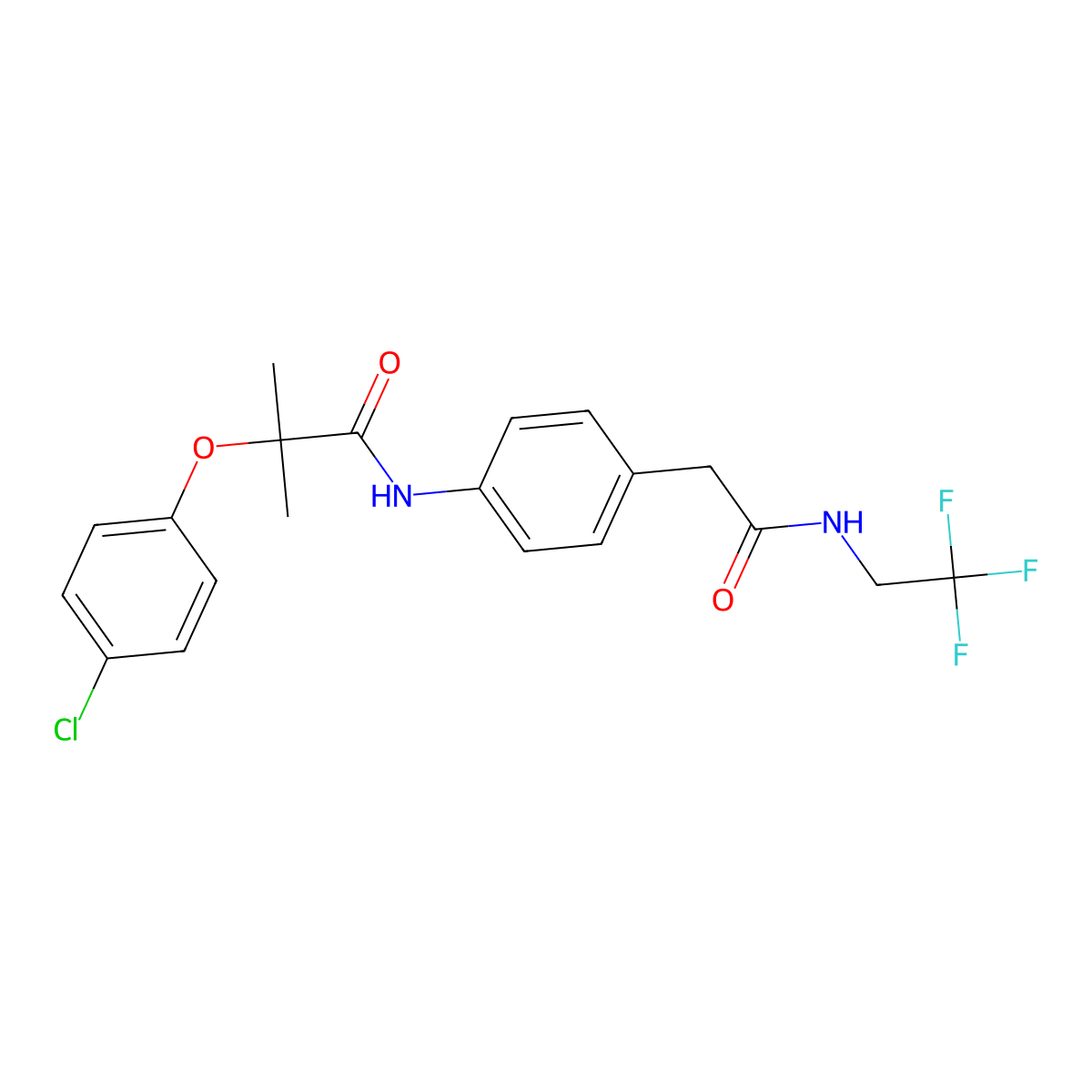 2-(4-chlorophenoxy)-2-methyl-N-(4-(2-oxo-2-((2,2,2-trifluoroethyl)amino)ethyl)phenyl)propanamide molecular structure, CAS 1235659-12-7
