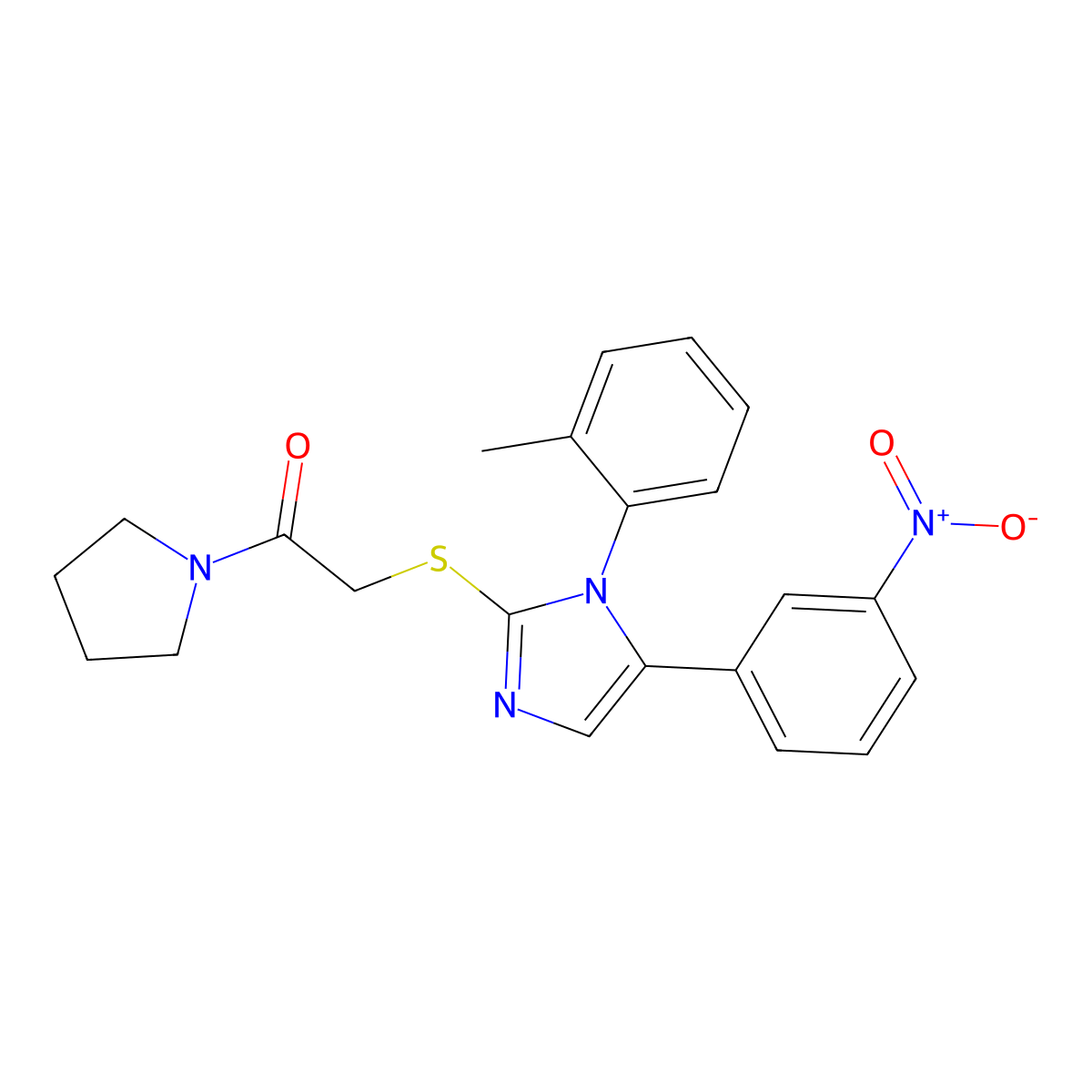 2-((5-(3-nitrophenyl)-1-(o-tolyl)-1H-imidazol-2-yl)thio)-1-(pyrrolidin-1-yl)ethanone molecular structure, CAS 1235660-21-5