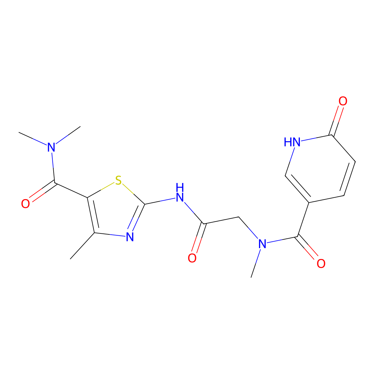 N,N,4-trimethyl-2-(2-(N-methyl-6-oxo-1,6-dihydropyridine-3-carboxamido)acetamido)thiazole-5-carboxamide molecular structure, CAS 1235662-99-3