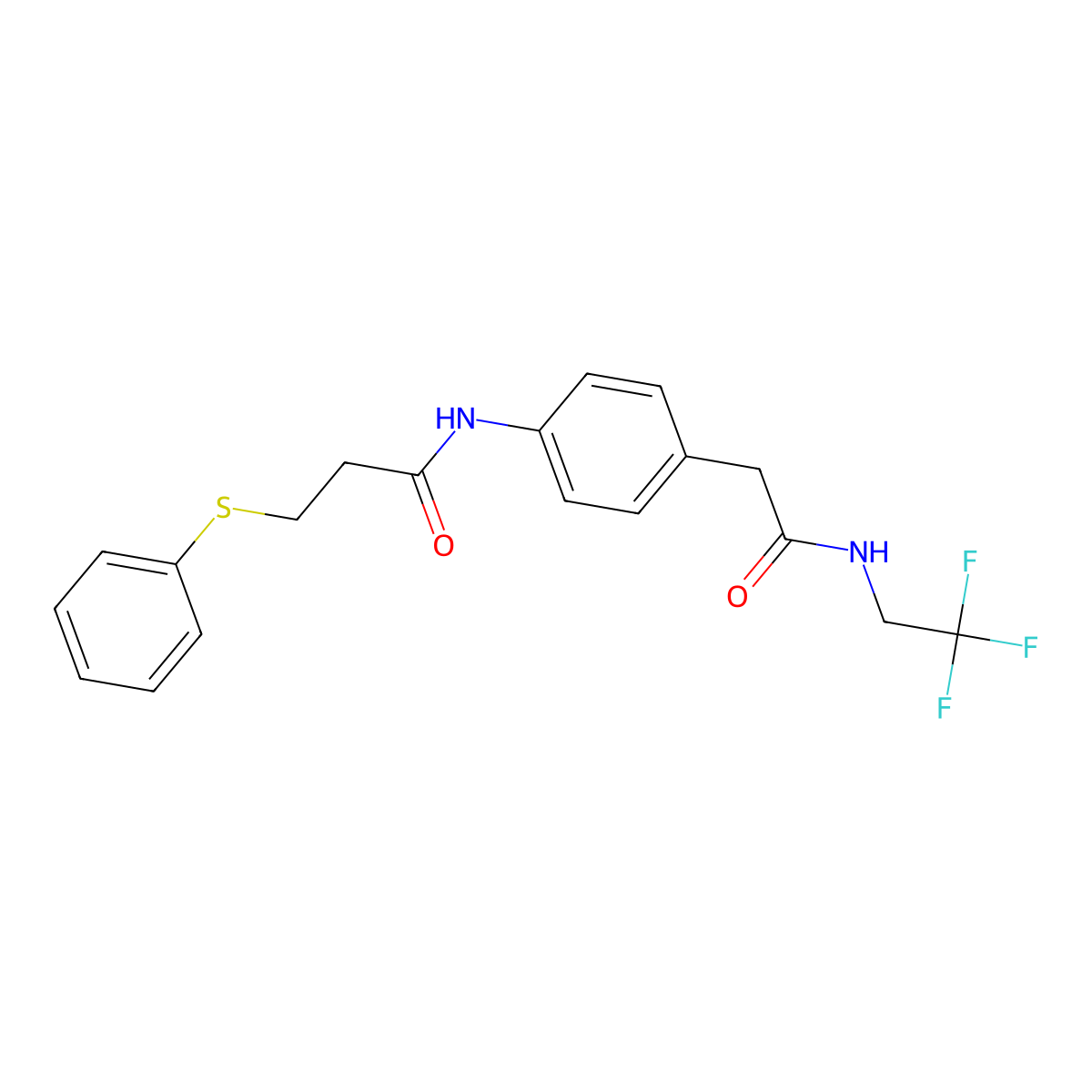 N-(4-(2-oxo-2-((2,2,2-trifluoroethyl)amino)ethyl)phenyl)-3-(phenylthio)propanamide molecular structure, CAS 1235663-24-7