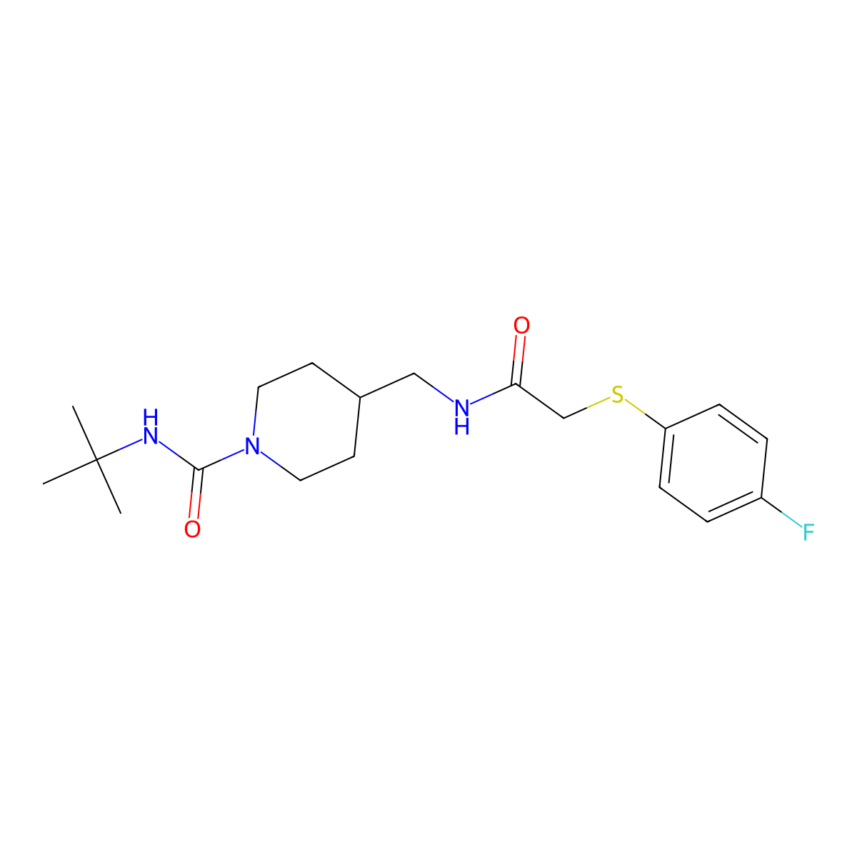 N-(tert-butyl)-4-((2-((4-fluorophenyl)thio)acetamido)methyl)piperidine-1-carboxamide molecular structure, CAS 1235663-59-8
