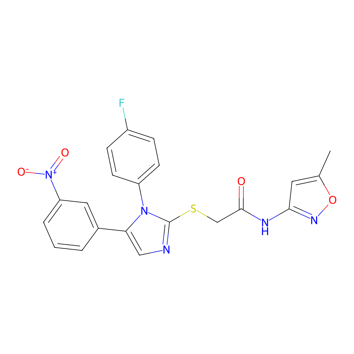 2-((1-(4-fluorophenyl)-5-(3-nitrophenyl)-1H-imidazol-2-yl)thio)-N-(5-methylisoxazol-3-yl)acetamide molecular structure, CAS 1235664-96-6