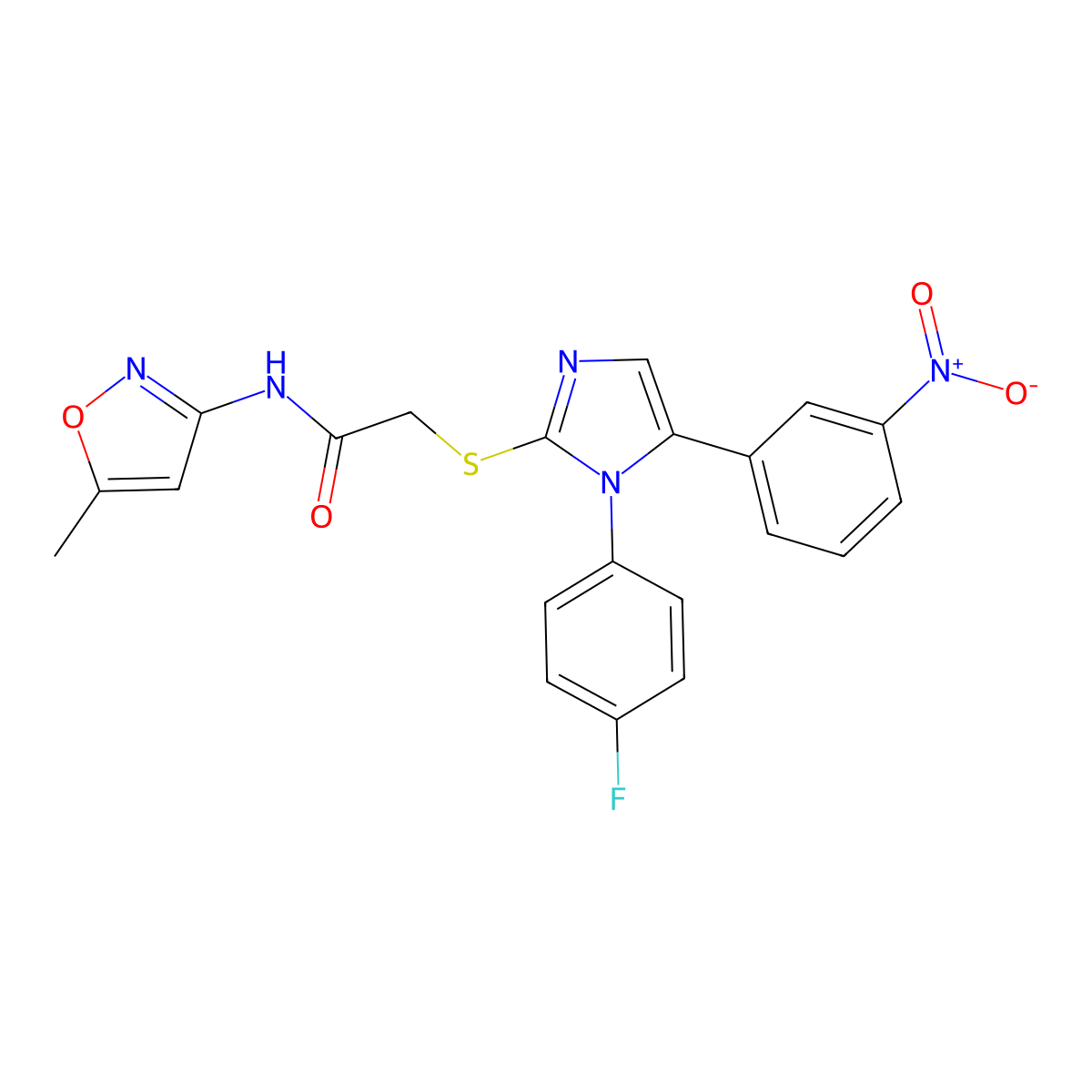2-((1-(4-fluorophenyl)-5-(3-nitrophenyl)-1H-imidazol-2-yl)thio)-N-(5-methylisoxazol-3-yl)acetamide molecular structure, CAS 1235664-96-6